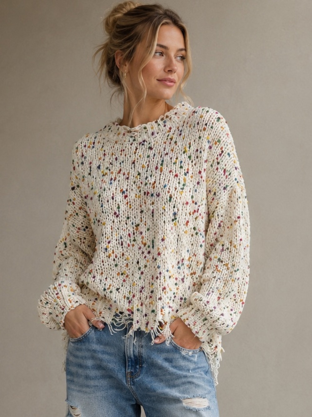 POL “Confetti” Distressed Pullover in Cream w Multi-Coloured Embellishments